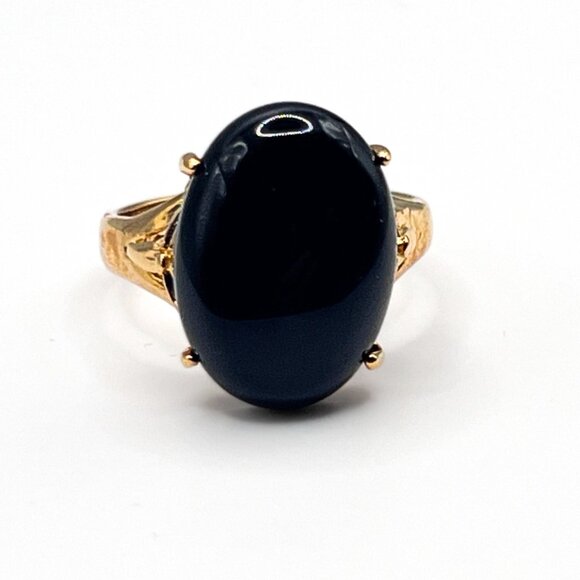 Vintage Black Onyx Cabochon Ring 18K Yellow Gold Electroplate Designer Signed - Picture 4 of 10